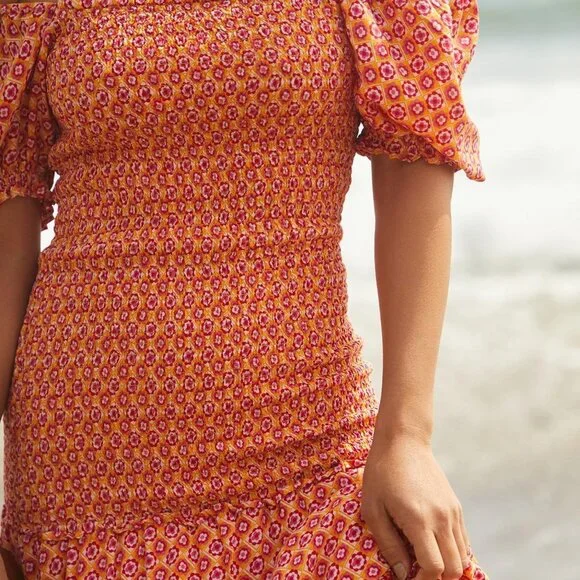 L*SPACE Simone Floral Square‎ Neck Short Sleeve Smocked High Low Maxi Dress - Picture 10 of 16